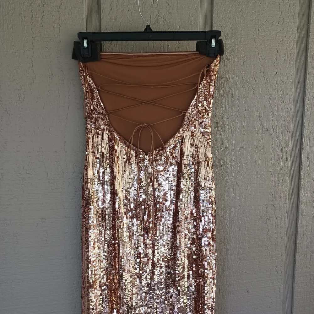 Alice And Olivia Fifi Sequin Strapless Maxi Dress Size 2 Lace Up Back Tan Bronze - Picture 6 of 15